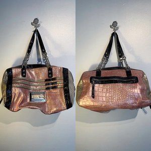 Black, Gold, and Pink Guess Handbag